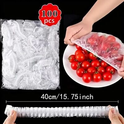 #ad 100PCS Disposable Food Cover Plastic Wrap Elastic Kitchen For Fruit Bowls $5.90