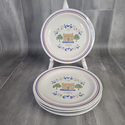 #ad Newcor 5003 Homespun Salad Plates Blue Bird Stoneware Set of 4 Vintage 1986 $21.99