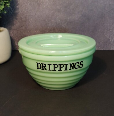 #ad JADEITE GREEN DEPRESSION STYLE GLASS BEEHIVE DRIPPINGS BOWL w LID Vintage Dish $27.95