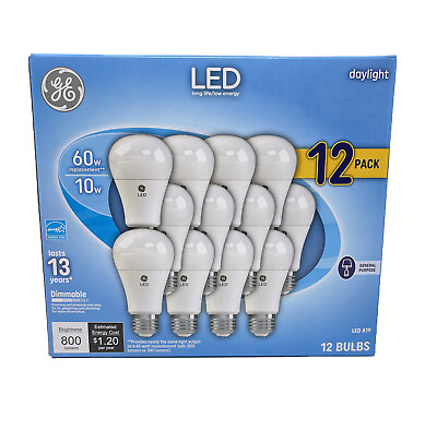 GE LED Bulbs Daylight Dimmable A19 Light Bulb 10 Watt 60w Replacement 12 Pack $19.50