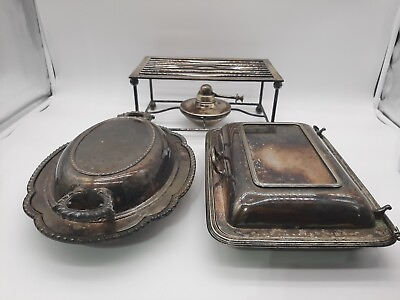 #ad Lot of 2 HEAVY Silverplate Chafing Server With Food Warmer Stand $149.99