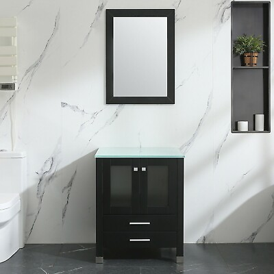 #ad 24quot; Bathroom Vanity Black Single Wood Cabinet Tempered Glass Countertop w Mirror $299.99