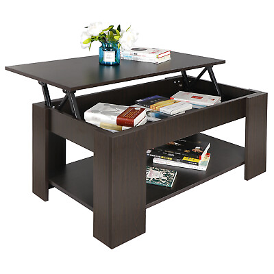 Lift Top Coffee Table w Hidden Compartment Storage Shelves Cocktail Table Brown $73.58