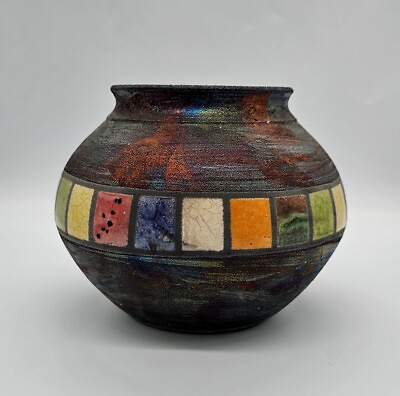 #ad Vtg Sergio Naduville Studio Hand Crafted RAKU Art Pottery Iridescent Vase $47.00