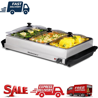 #ad 3 x 2.5Qt Trays Buffet Server Food Warmer Temperature Control Clear Slotted Lids $41.99