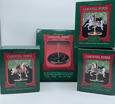 #ad Hallmark Carousel Horse 1989 3 Horses Ginger Holly Star amp; Display Stand NOS $27.99