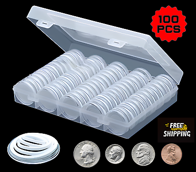 #ad 100 PCS 30MM Clear Round Coin Capsules Plastic Coin Holders amp;White Gaskets amp;Box $9.75
