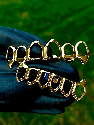 Italy Gold Finish CZ Cluster Custom Slugs Top Bottom Fang GRILLZ Mouth Fang Set $17.99