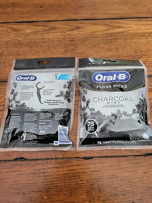 #ad SET OF 2 Oral B Floss Picks Charcoal Mint 75pc 150 Total Fresh Mouth and Teeth $9.99
