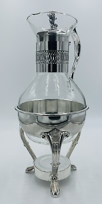 #ad Vtge Silver Plated Carafe Pitcher with Heat Proof Glass amp; Warmer preowned $49.99