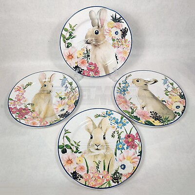 #ad Pottery Barn Floral Bunny Salad Plates Set of 4 Stoneware Flowers Spring Easter $154.99