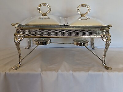 #ad Vintage Silver Plate Double Chafing Buffet Serving Dish with Glass Casseroles $120.00