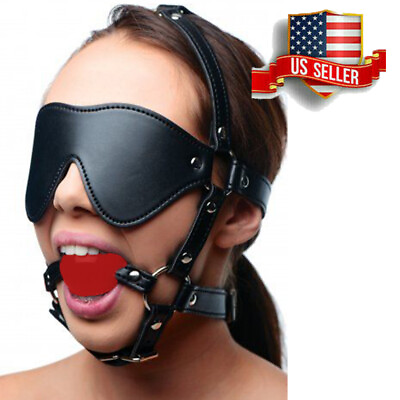 Open Mouth Ball Gag Head Harness Strap Blindfold Eye Mask Bondage BDSM Adult $15.89