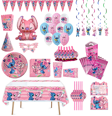 #ad Stitch amp; Lilo Pink Party set Kid Birthday party decoration Banner Plates Cloth GBP 2.99
