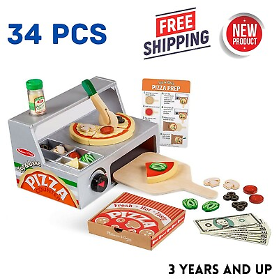 #ad #ad 34Pc Wooden Pizza Counter Play Food Set Bake Pretend Toy Oven Kids Serving Store $91.17