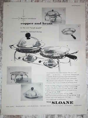 #ad 1952 Sloane Vintage Print Ad Copper Brass Service Dishes Chafing Burners Bamp;W $7.05