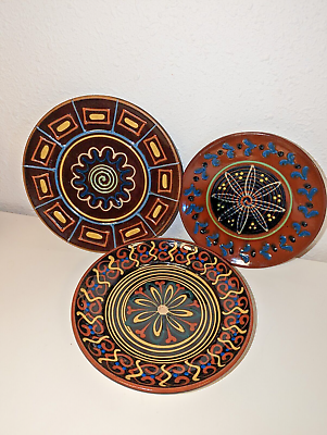 #ad Set Of 3 Redware Art Pottery Plates Wall Hanging MCM Modern Clay studio BOHO 60 $39.95