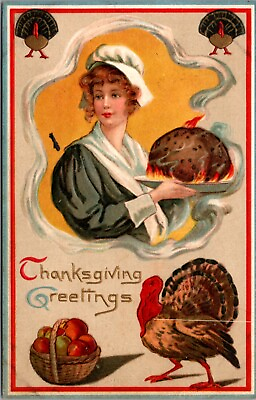 #ad Thanksgiving Postcard Pilgrim Woman Carrying Food on Fire Smoke Turkey Apples $8.00
