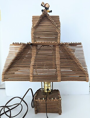 VTG Tramp Art Popsicle Stick Seashell Folk Art Lamp w Pipe Cleaner Chimney Sweep $99.99