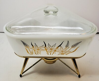 #ad VINTAGE INLAND WHITE GLASS TRIANGLE BAKING CHAFING WARMING DISH GOLD FLORAL $94.96