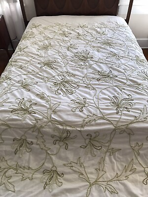 #ad Pottery Barn King Duvet Embroidered Green Leaves Ecru Tan Cotton Heavy Neutral $69.99