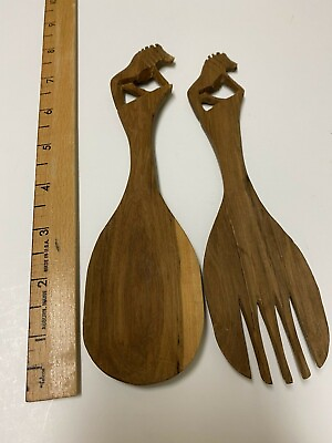 Hand Carved Wooden Serving Spoons Solid Wood Lion Salad Spoons 8quot; Height $13.00