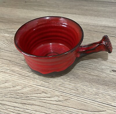 #ad Red Glazed Hand Thrown Pottery Soup Chili Bowl Plant Pot with Handle Signed $16.00