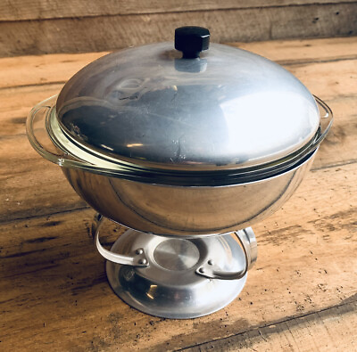 #ad #ad Aluminum Chafing Dish w 1½ Quart Pyrex Glass Bowl amp; Lid 9” Tall $22.50