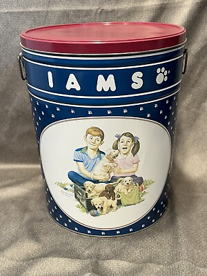 #ad Vintage Iams Dog Food Metal Tin Container w Lid Robert Gunn Art USA $39.00
