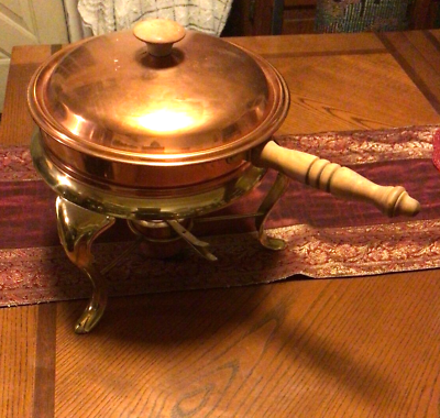 #ad Vintage 5 Piece Copper Chafing Dish Fondue Cover Brass Stand And Byrnes $42.00