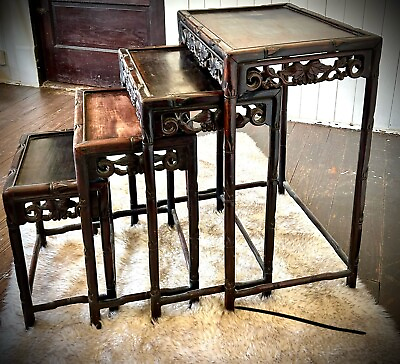 #ad Beautiful Antique Set 4 Chinese Nesting Tables Carved Zitan $1200.00
