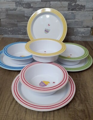#ad #ad 4 Pottery Barn Kids Easter Plates amp; Bowls Chick Bunny Yellow Pink Blue Green $20.00