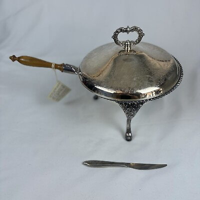 #ad Antique Crescent Silver Chafing Dish Wood Handle w Lid Stand Orig. Tags Knife $89.95