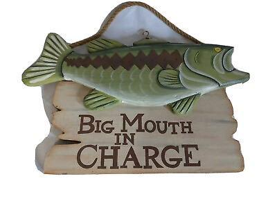 #ad Largemouth Bass Wood Carving Sign big mouth in charge 18 x 11 $39.50