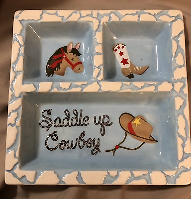 #ad #ad Adorable Boy#x27;s Cowboy Food Tray Trinket Ceramic Blue Red Brown 3 Compartments $9.98