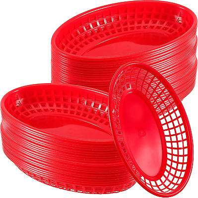 #ad 50 Pack Fast Food Baskets Red Bread Baskets Reusable Oval Plastic Food Service $26.09