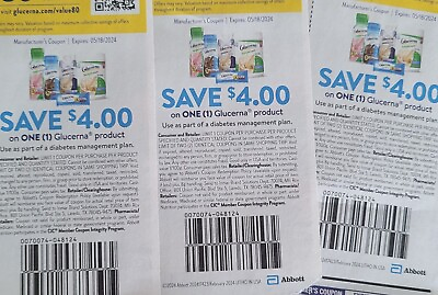 #ad #ad LOT of FOUR 4 GLUCERNA Coupons. Each good for $5 one product. Exp 5 18 24. $3.75