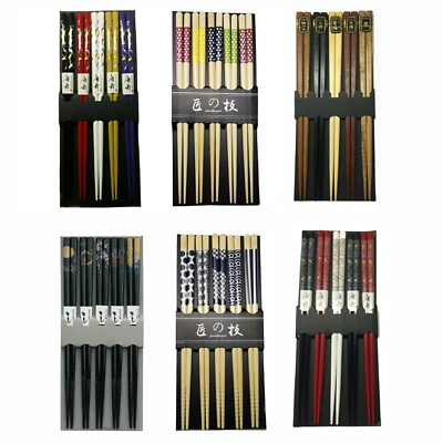 5 Pair Chinese Japanese Sushi Reusable Wooden Chopsticks Multi Pattern $6.49