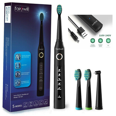 Sonic Electric Toothbrush Rechargeable 4x Brush Heads 507 Black Precise Cleaning $16.99