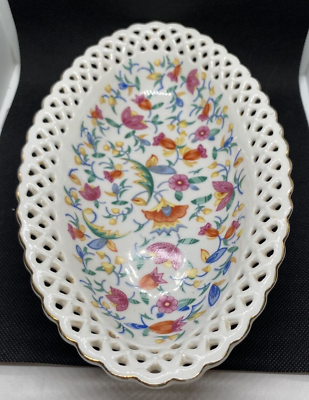 Vintage Germany Oval Reticulated Serving Dish with Bright Colors and Gold Guild $14.99