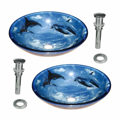 #ad #ad Blue Dolphin Glass Countertop Vessel Sink 16.5quot; with Chrome Drain Pack of 2 $249.99
