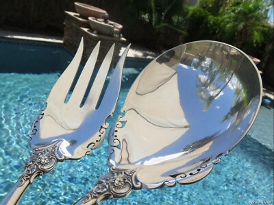 #ad 2pc PAIR SALAD SERVER WALLACE GRAND BAROQUE STERLING SILVER SPOON FORK EXCELLENT $325.00