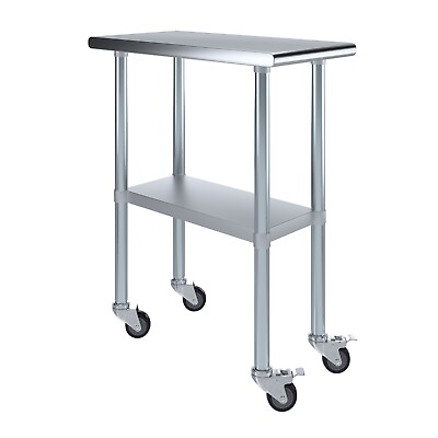 #ad #ad 30 in. x 15 in. Stainless Steel Work Table with Wheels Metal Mobile Food Prep $184.95