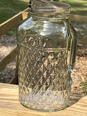 #ad #ad Vintage Juice Pitcher MCM Diamond Pattern Clear Glass Recessed Handle $18.95