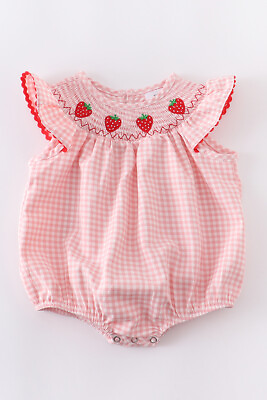 Boutique Strawberry Smocked Baby Girls Pink Bubble Romper Jumpsuit $16.99