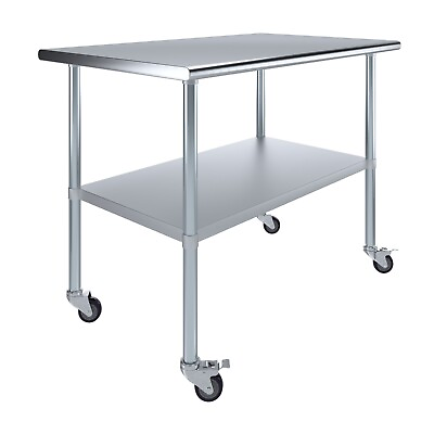 #ad 30 in. x 48 in. Stainless Steel Work Table with Wheels Metal Mobile Food Prep $284.95
