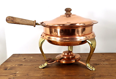 #ad Solid Copper Chafing Dish Fondue Pan Brass Legs w Burner Snuffer JAPAN VGUC C $50.00
