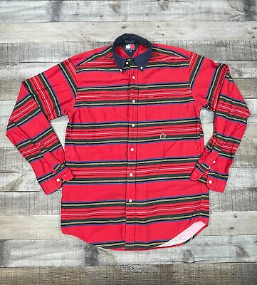 #ad Tommy Hilfiger Shirt Mens Extra Large Red Striped Long Sleeve Casual Crest Top $21.95