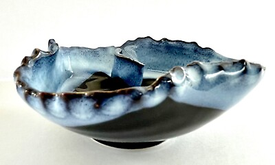 #ad Studio Art Pottery Trinket Dish Bowl Black and Blues 3.75quot; $15.00