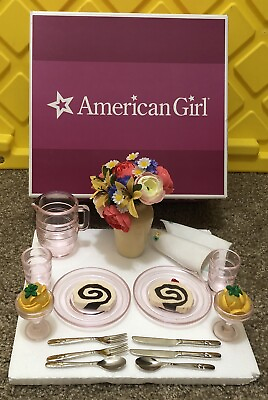 #ad American Girl Kit Glassware amp; Linens Birthday Party Set Cake Roll Taffy Fans $105.00